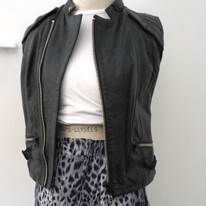 G-Star 3301 RAW Cropped Black Leather Sleeves Biker Vest Small